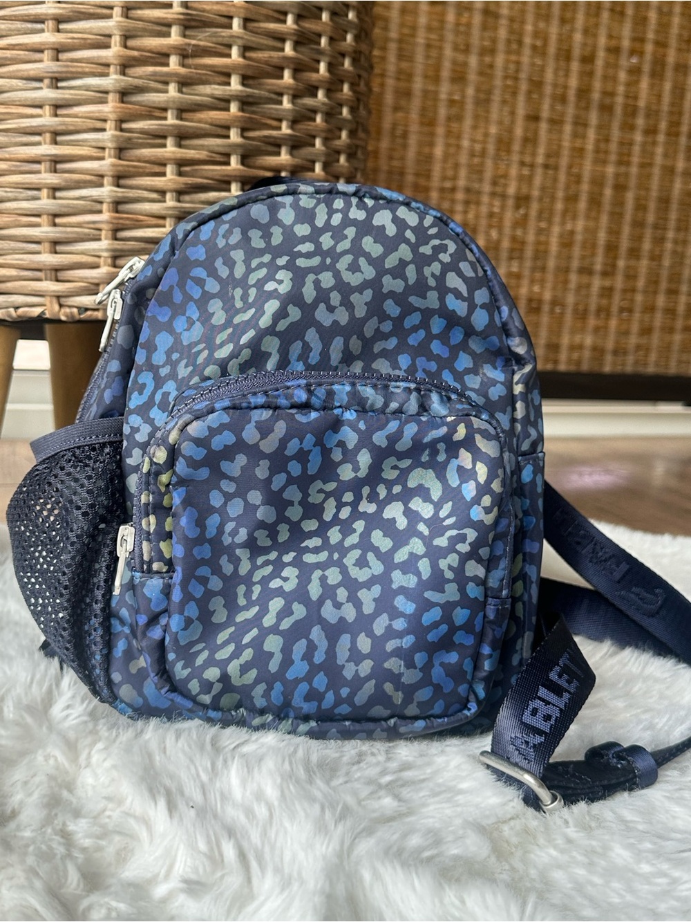 Fabletics Navy Blue Cheetah Print Mini Backpack sling Convertible purse